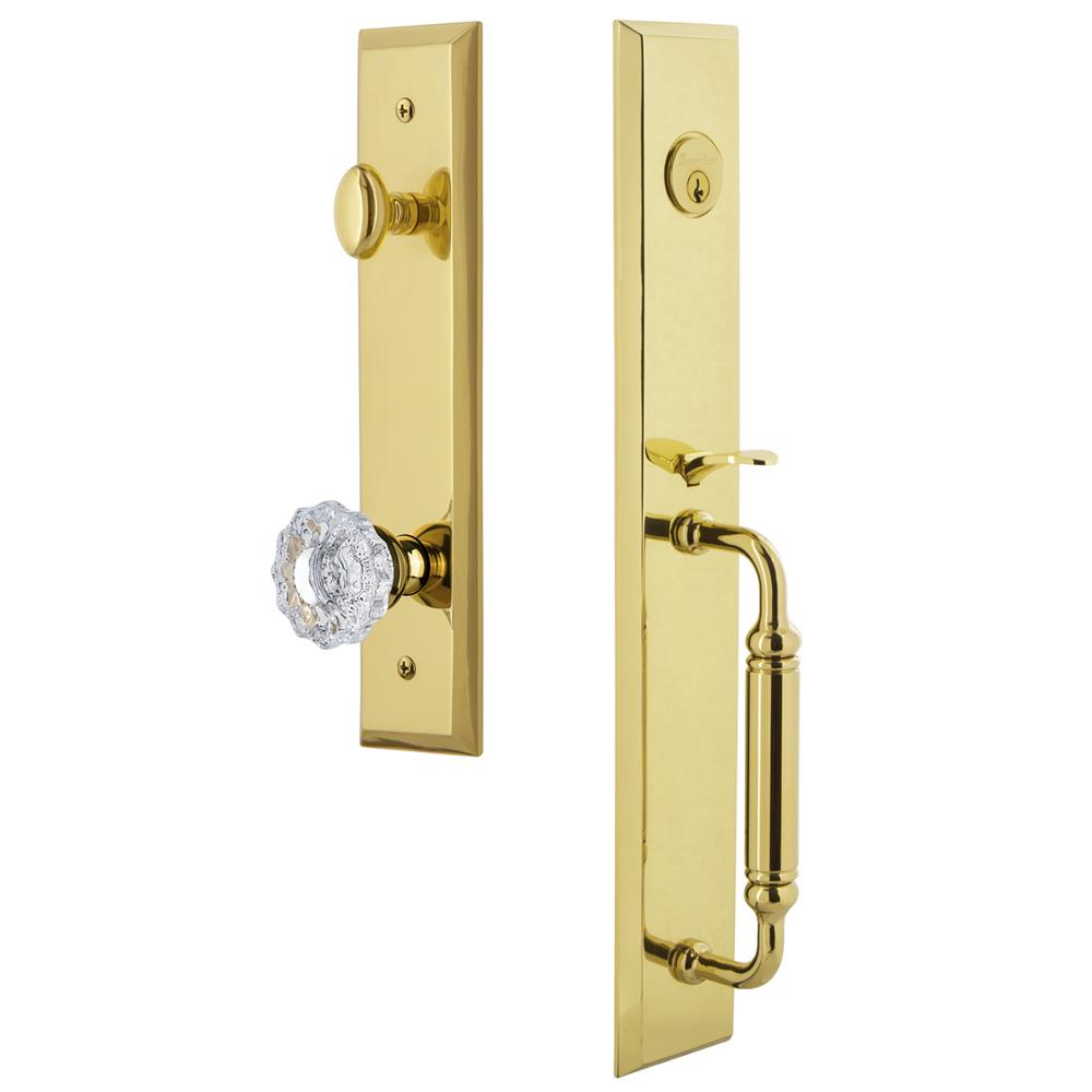 Grandeur by Nostalgic Warehouse FAVCGRVER Fifth Avenue One-Piece Handleset with C Grip and Versailles Knob in Lifetime Brass